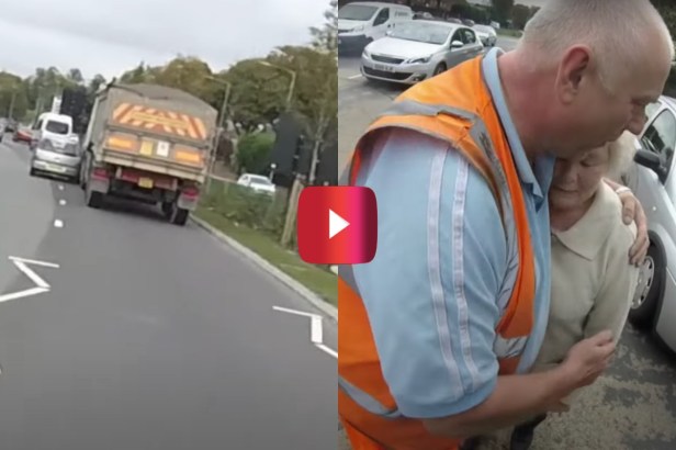 Trucker Comforts Elderly Woman After She Accidentally Sideswipes Him