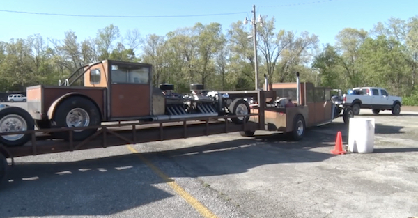 The tow rig and twin-engine dragster have the same surprising build materials