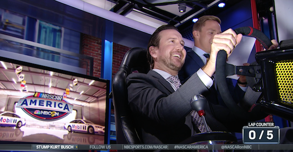 Watch Kurt Busch get bombarded with trivia while getting in a few laps on the simulator