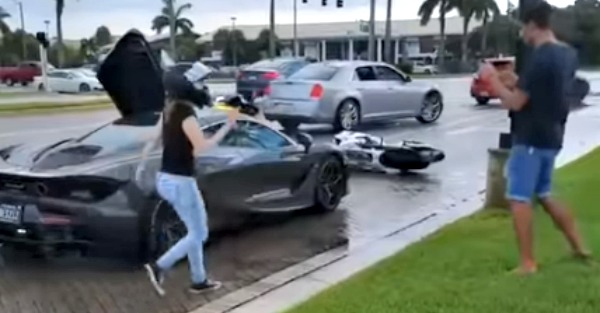 A McLaren 720 crushes a motorcycle, and no one is happy