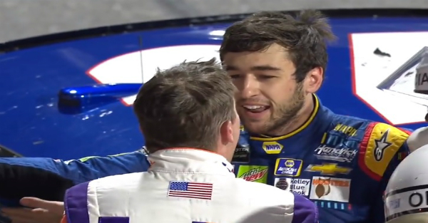 Here’s the moment Chase Elliott and Denny Hamlin came face to face and had a heated discusson