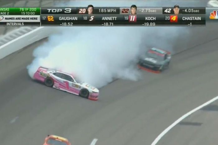 The first spin out at Kansas brings out the caution as smoke engulfs a car