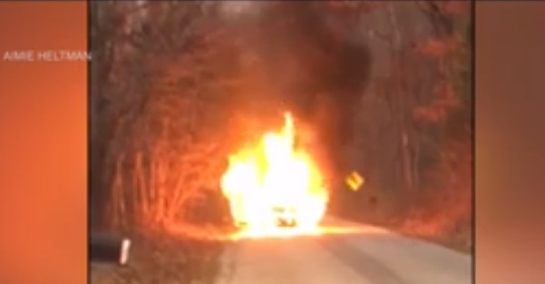 A car gets burned to a crisp after it hits a deer