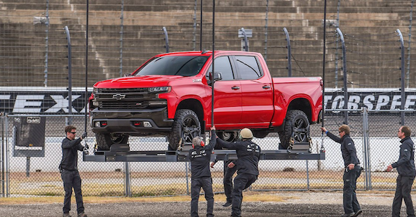 A helicopter debuted Chevy’s newest truck at Texas Motor Speedway