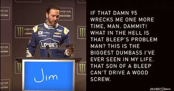 NASCAR drivers read in car audio quotes and try to match the driver with the angry tirade