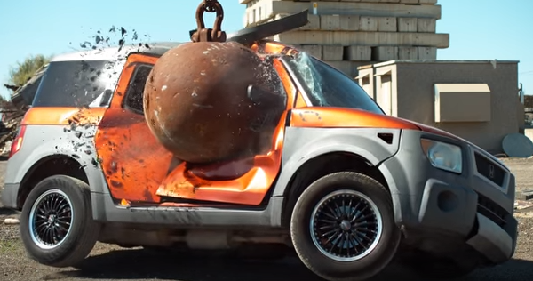 Here’s what it looks like when a 4-ton wrecking ball slams into the side of a car in slow motion