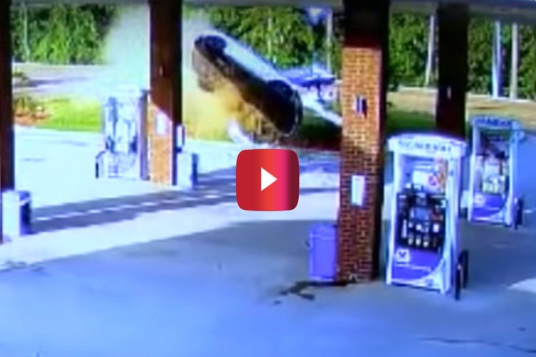 car gets airborne and slams into gas station