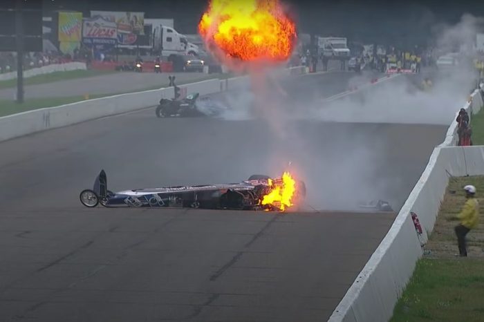 Dragster Shoots Out a Ball of Flames During Double Drag Racing Crash