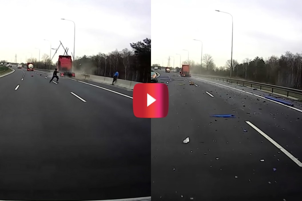 truck smashes through pulled-over vehicle