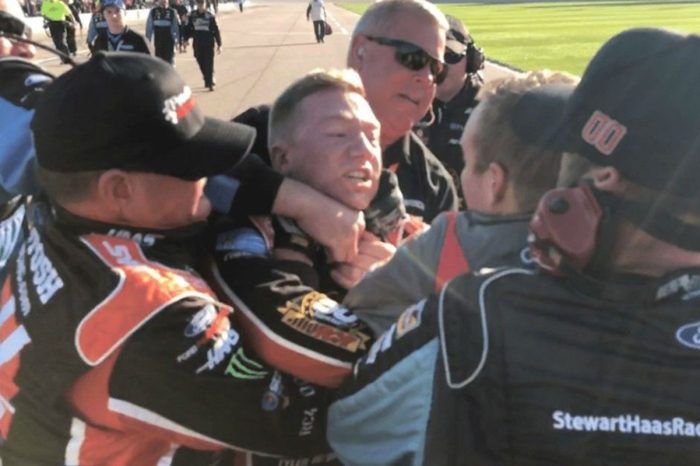 NASCAR Drivers Cole Custer and Tyler Reddick Fight on Pit Road