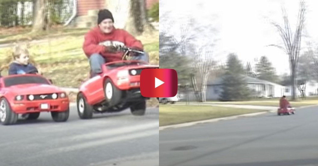 man smokes kid in power wheels mustang race