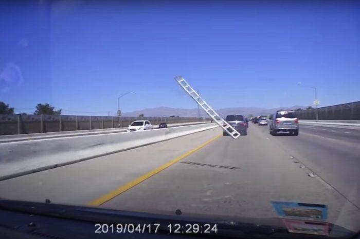 Ladder Flies Through the Air and Smashes Car’s Windshield