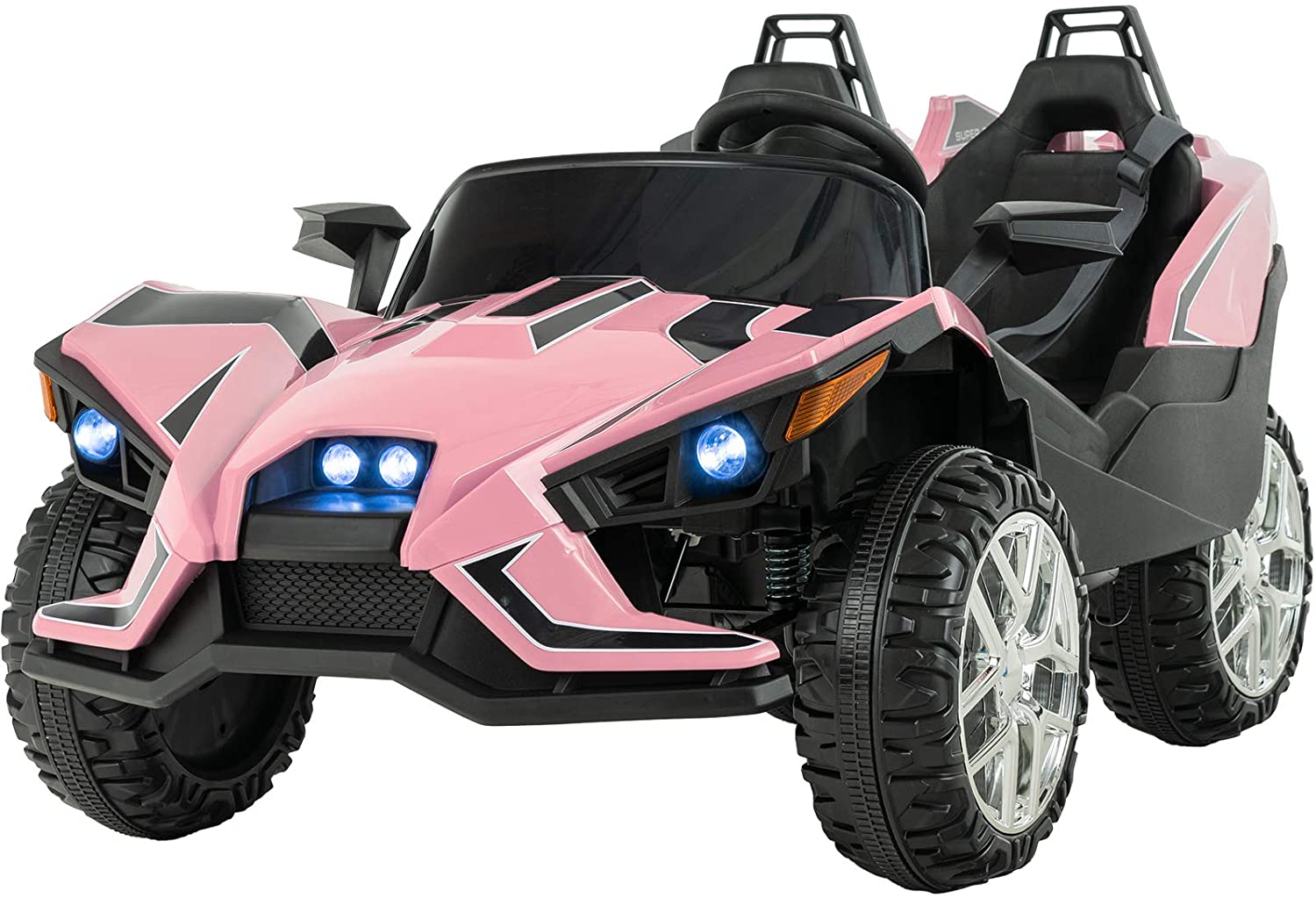 Uenjoy 2 Seats Kids Car 12V Ride On Racer Cars Battery Operated Electric Cars w/ 2.4G Remote Control,Spring Suspension Wheels,4 Speeds,LED Lights,Music,Bluetooth,AUX Cord,USB Port,Pink