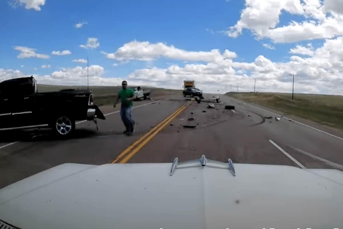 Pickup Barely Misses Car, But Causes Crash Moments Later