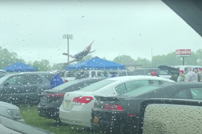 NASCAR Fan Destroys Tailgate Tent With High-Flying Slam