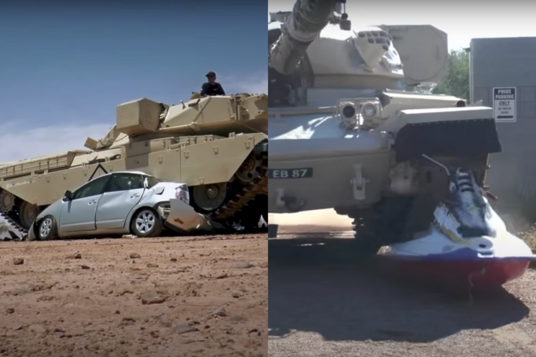 tank crushes car and jet ski