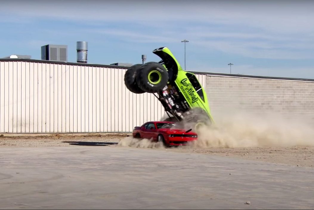 monster truck crushes 2015 dodge challenger