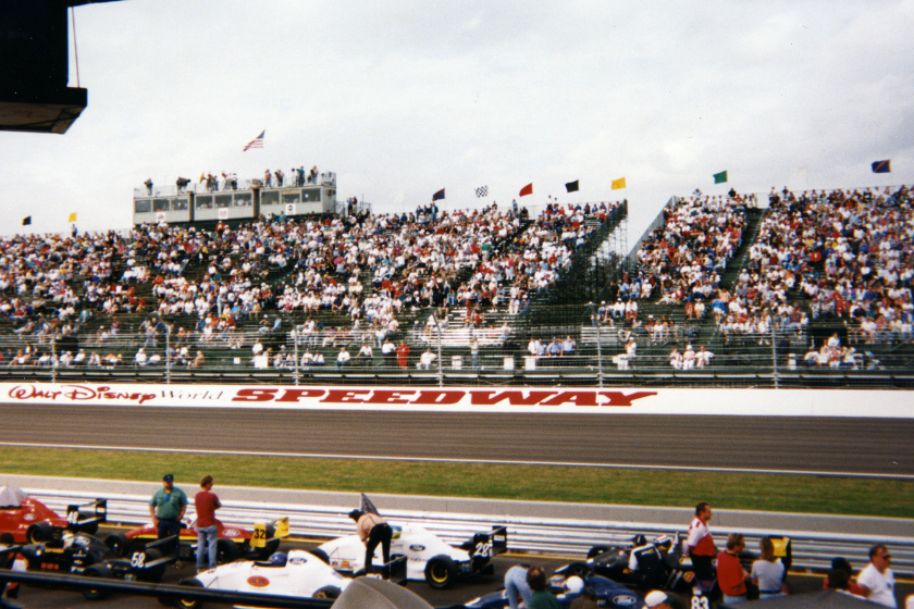 A large crowd gathers awaiting the start of the first-ever Indy Racing League (IRL) Indy Car race that was held at the new Walt Disney World Speedway, located near the main entrance to the Magic Kingdom at Walt Disney World Orlando