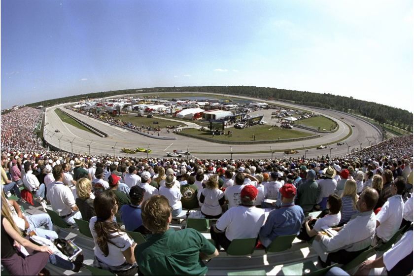 A large crowd fills the stands during the Disney World 200 IRL race at Disney World Speedway in Orlando, Florida
