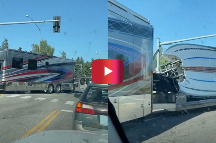 RV Just Barely Tows Boat Around Tight Turn