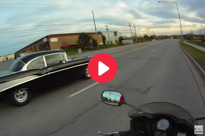 ’57 Chevy Bel Air Smokes Motorcycle in a Street Race