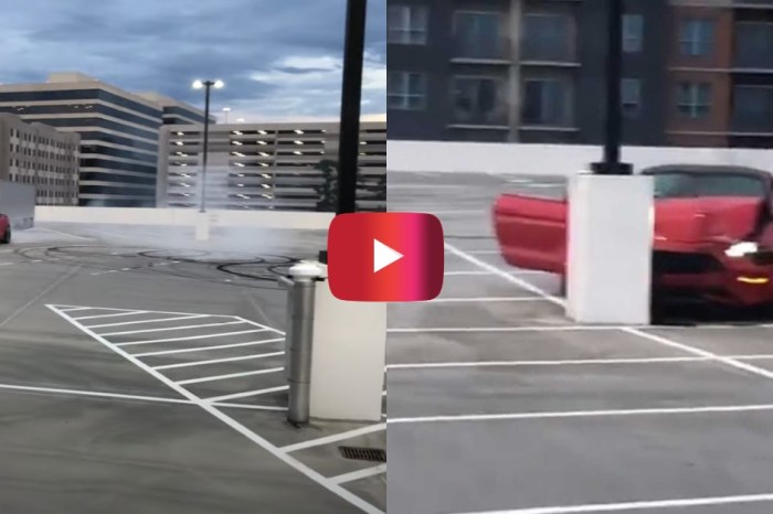 Mustang Crashes Into Pole in Empty Parking Lot