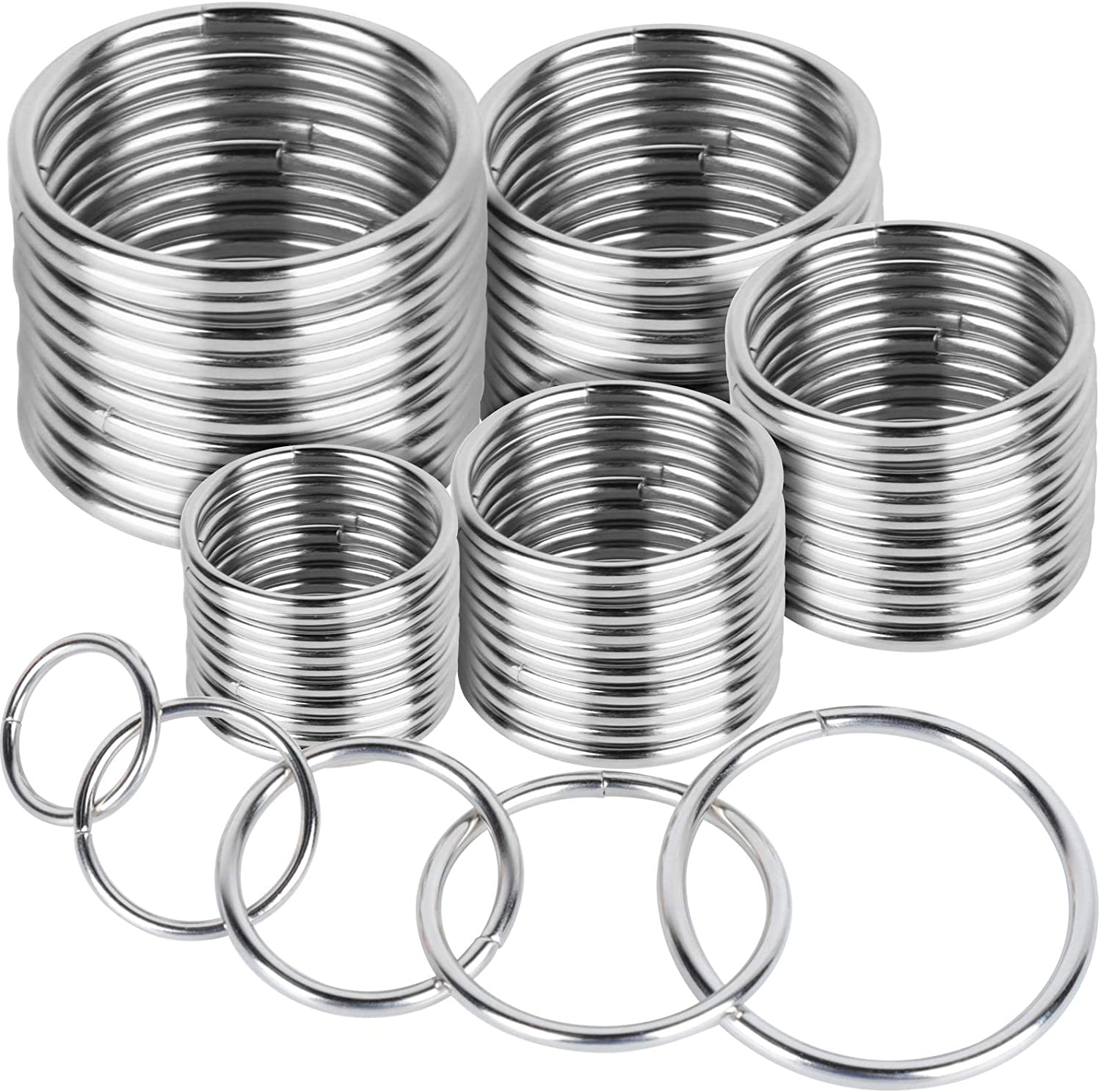 FANDAMEI 50 Pcs Silver Multi-Purpose Metal O Ring Non-Welded O Ring for Macrame, Camping Belt, Dog Leashes, Hardware, Bags and More Craft Project - 16mm, 21mm, 25mm, 32mm, 38mm