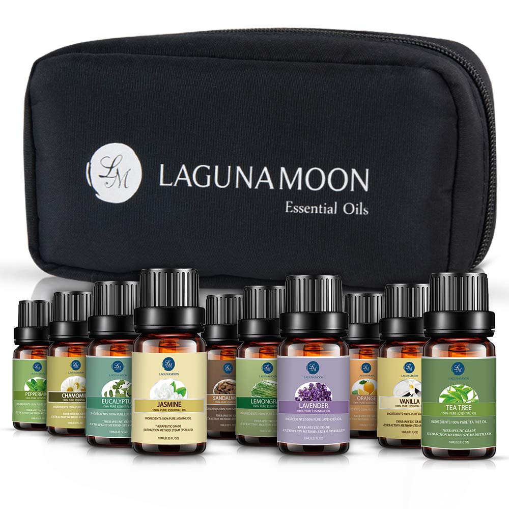 Lagunamoon Essential Oils with Travel Bag, Top 10 Pure Aromatherapy Oils Tea Tree Lavender Peppermint Eucalyptus Sandalwood Lemongrass Orange Chamomile Jasmine Vetiver
