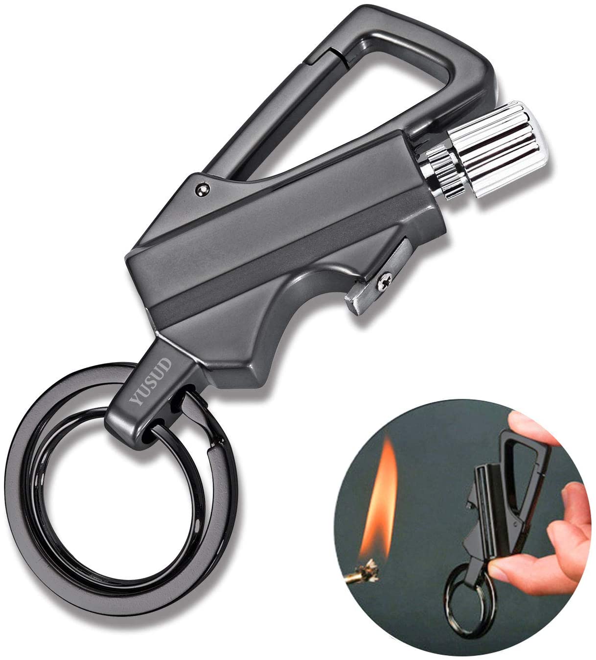 YUSUD Keychain Multitool with Flint Metal Matchstick Fire Starter and Bottle Opener, Great Kerosene Refillable Lighter, EDC Gift Ideas and Emergency Survival Gear