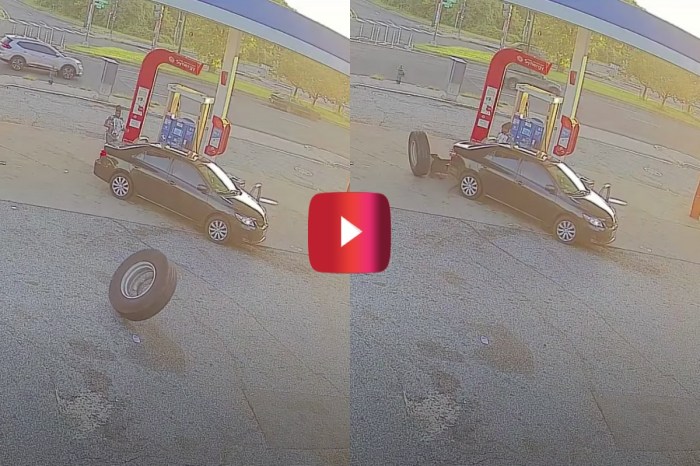 Trash Truck Tire Crashes Into Car at Gas Station