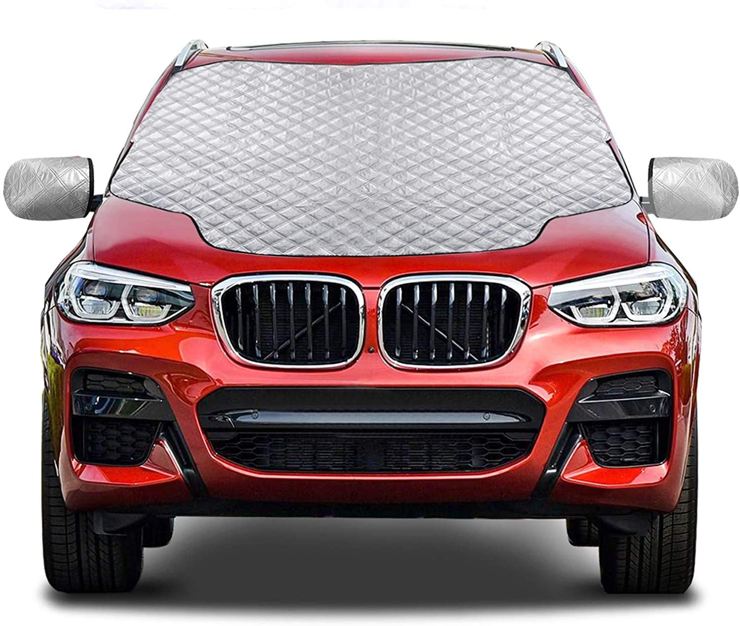 FEZZ Car Windscreen Cover Wind Auto Winter Vehicle Snow Cover Sun Window Protector Ice Frost Windshield Magnetic Mirror Cover Silver 147x126cm for Cars Small SUV 