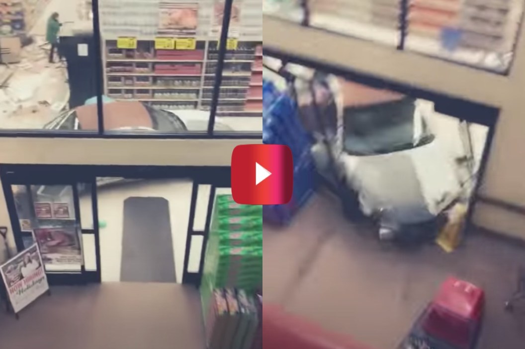 car crashes through grocery store