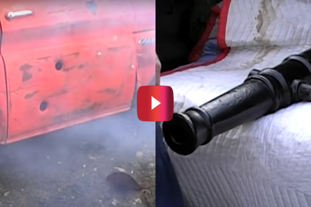 cannon shoots golf ball through pickup truck