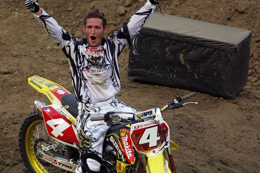 Ricky Carmichael celebrates after winning the Moto X Racing Final during X Games 13 