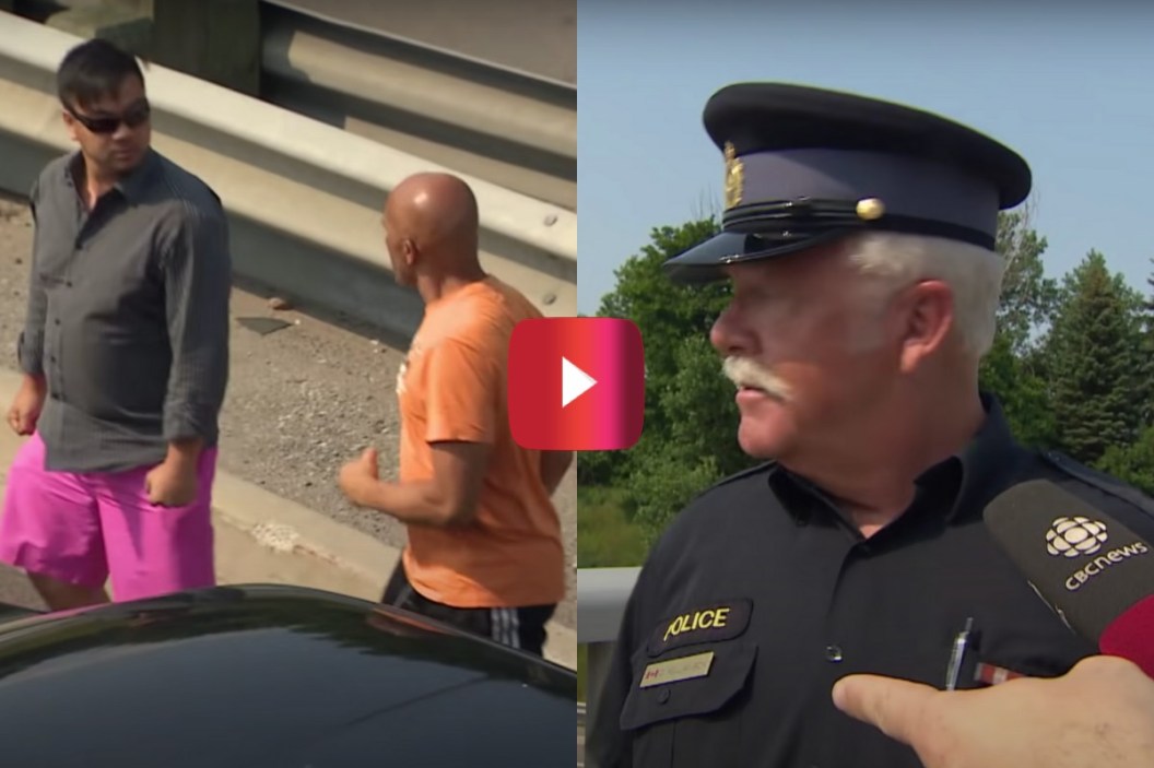 cop breaks up road rage fight during interview