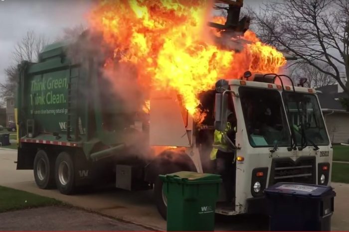 Garbage Truck Erupts Into Flames After Hydraulic Line Bursts