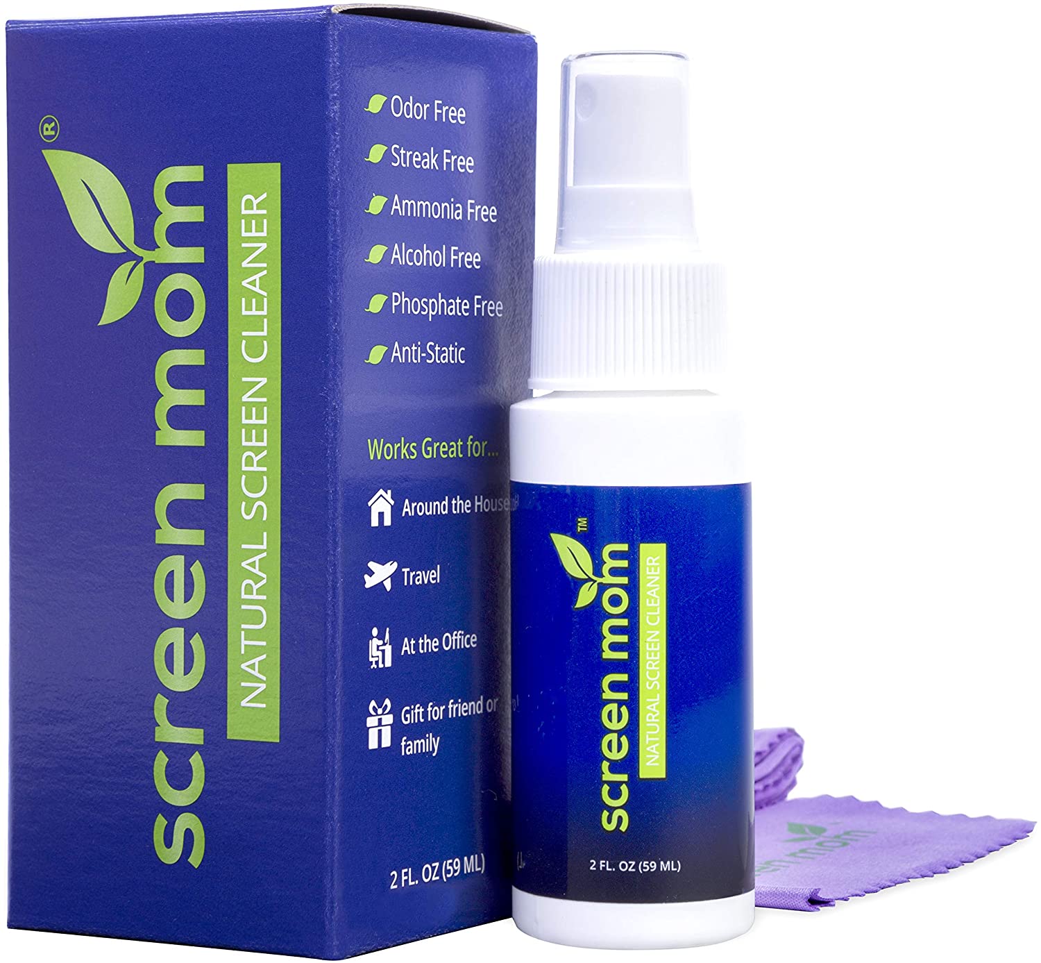 Screen Mom Screen Cleaner Kit for Laptop, Phone Cleaner, iPad, Eyeglass, LED, LCD, TV - Includes 2oz Spray and 2 Purple Cleaning Cloths