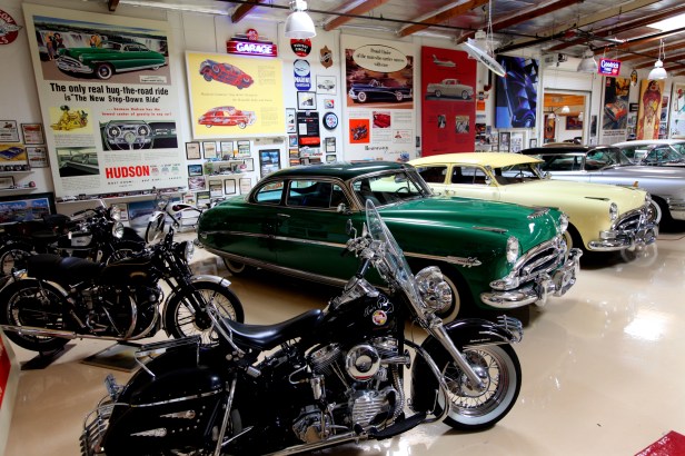Vintage cars and motorcycles at Jay Leno's Garage in Burbank, California
