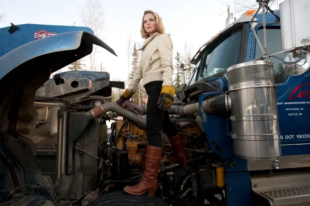 Lisa Kelly poses during a photo shoot on March 22, 2010 in Wasilla, Alaska for Ice Road Truckers
