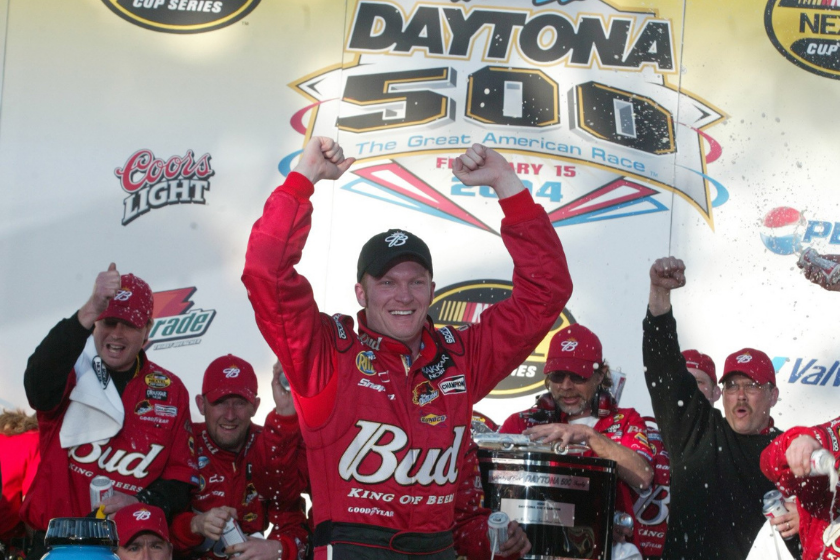 Dale Earnhardt Jr. celebrates in victory lane following the NASCAR Nextel Cup Series Daytona 500 on February 15, 2004 at Daytona International Speedway in Daytona Beach, Florida