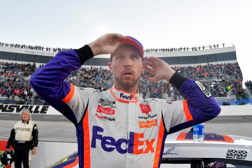 Denny Hamlin reacts after the NASCAR Cup Series Xfinity 500 at Martinsville Speedway on October 31, 2021 in Martinsville, Virginia
