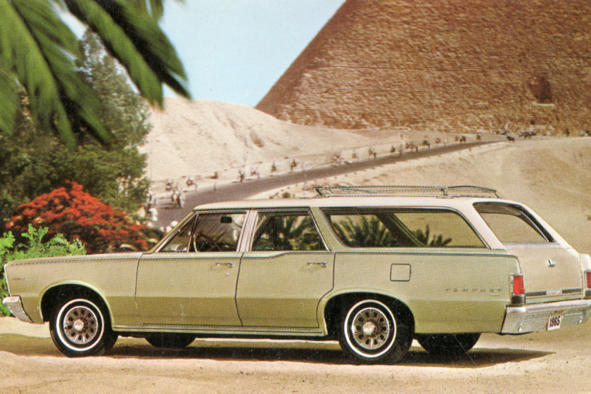 A postcard advertises the GM Pontiac Tempest Custom Safari station wagon in 1965