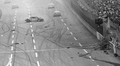 Bobby Allison’s car No. 22 comes to rest after a huge crash during the Winston 500 NASCAR Cup race at Talladega Superspeedway in 1987