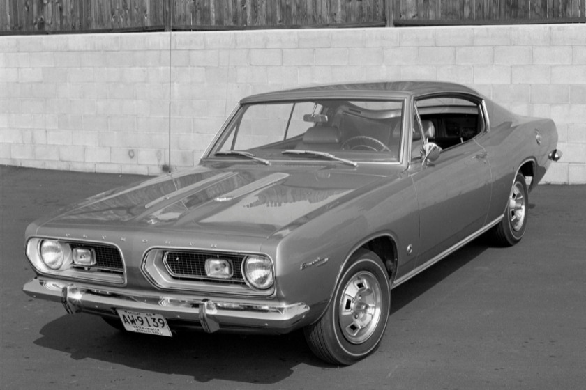 black and white photo of 1967 plymouth barracuda fastback