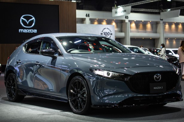 A Mazda 3 at the Mazda stand during the 42nd Bangkok International Motor Show 2021 at IMPACT for the Press Tour in Bangkok, Thailand on March 23, 2021
