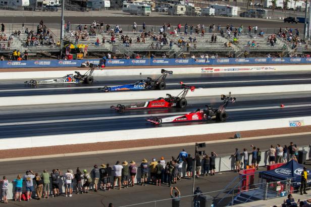 Steve Torrence (1 TF) Capco NHRA Top Fuel Dragster (lane 2) races down the track on his way to winning a Wally during the Denso Spark Plugs NHRA Four-Wide Nationals on April 18, 2021, at The Strip at Las Vegas Motor Speedway in Las Vegas, NV.