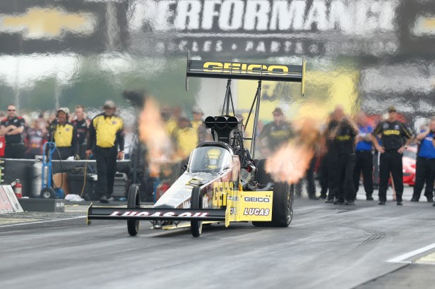 Top Fuel driver Richie Crampton in action at the finals of the 60th Annual Chevrolet Performance U.S. Nationals at Lucas Oil Raceway in Indianapolis, IN