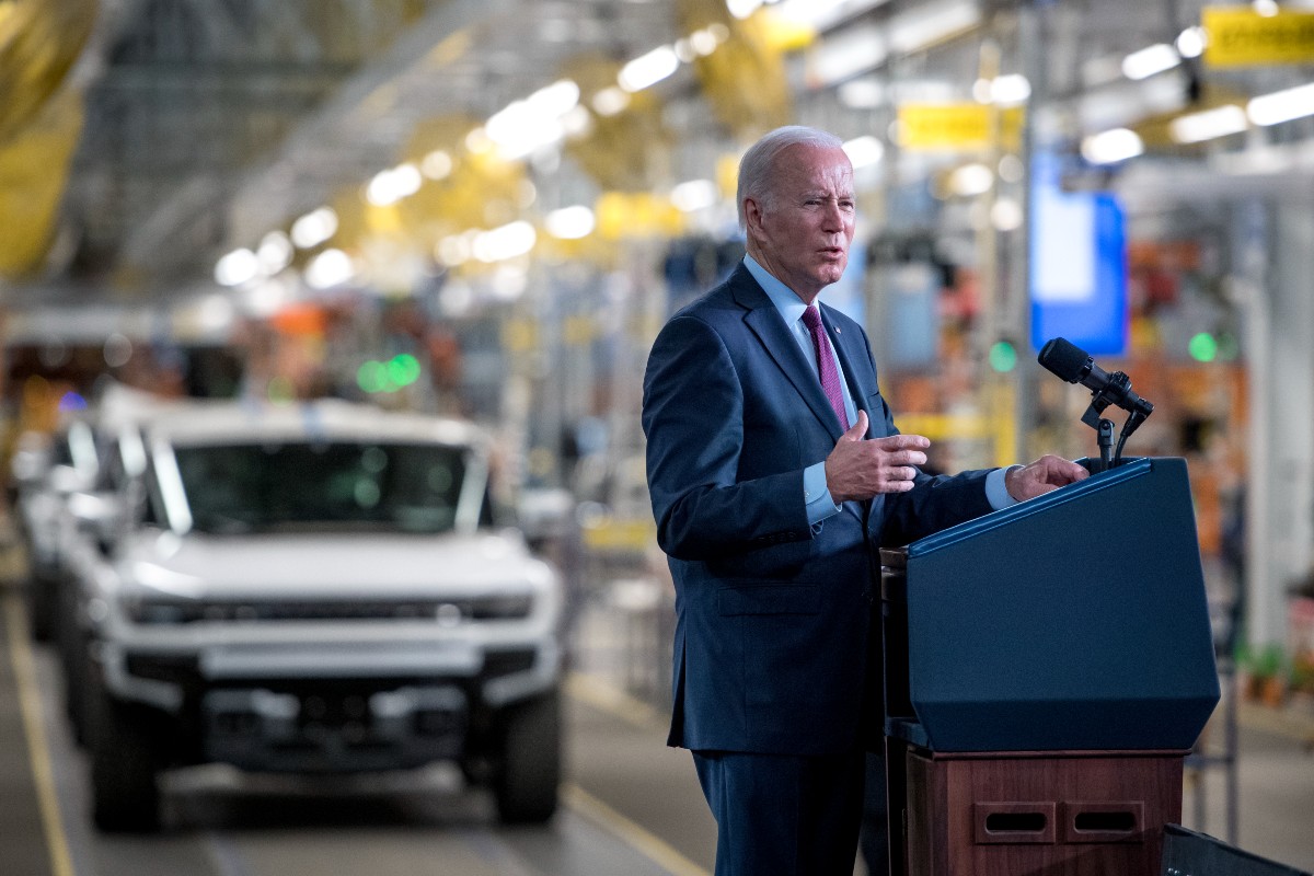 U.S. President Joe Biden speaks at the General Motors Factory ZERO electric vehicle assembly plant on November 17, 2021 in Detroit, Michigan