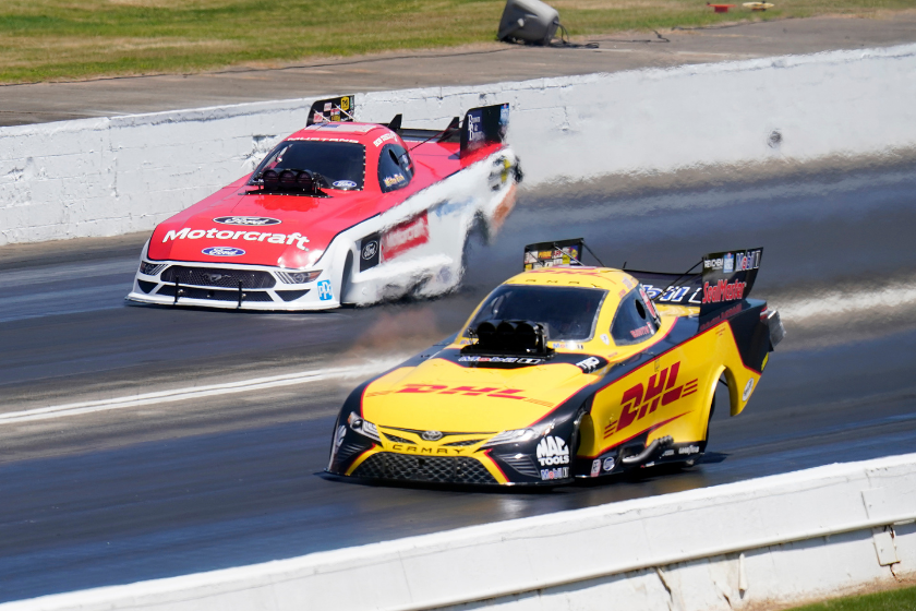The DHL Funny Car of Scott Kalitta battles Bob Tasca III during qualifying for the Southern Nationals Final Event on Saturday, May 01, 2021 at the Atlanta Dragway in Commerce, Georgia