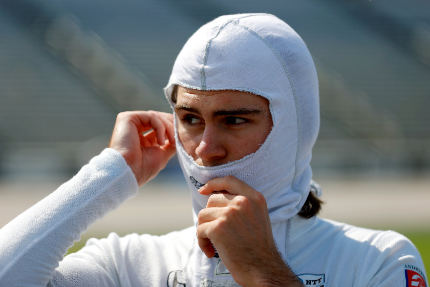 Colton Herta stands on the grid during qualifying for the NTT IndyCar Series - Genesys 300 at Texas Motor Speedway on June 06, 2020 in Fort Worth, Texas